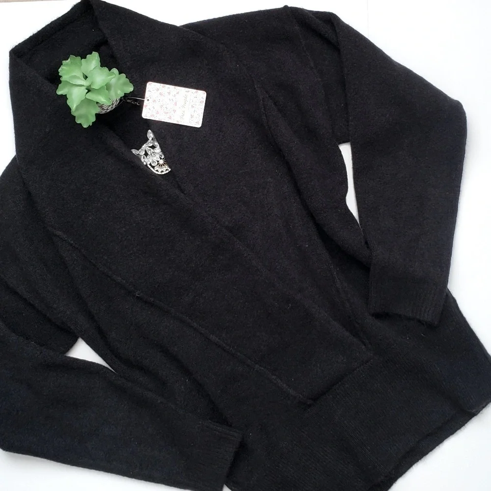 Free People Cozy Touch the Sky Black Crossover Wrap Sweater Wool Size XS NWT